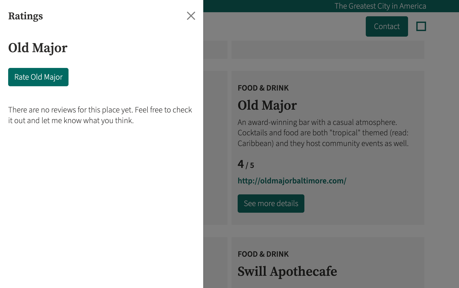 Screenshot from my Baltimore Visitor guide displaying info about Old Major and a link to submit user-generated content.