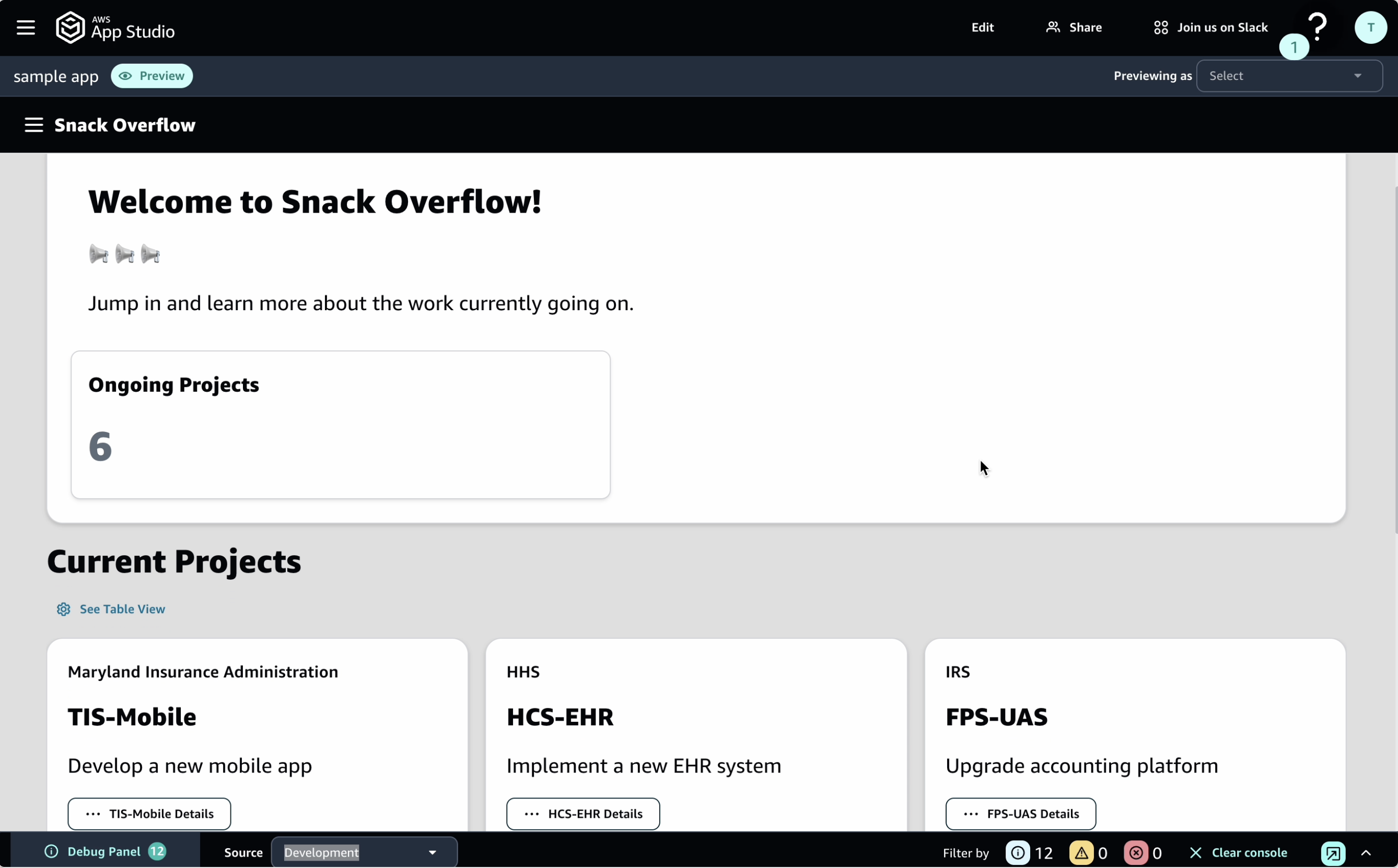 screenshot of app studio prototype