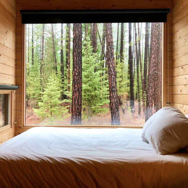 Bed inside Getaway cabin with forest view outside of the window