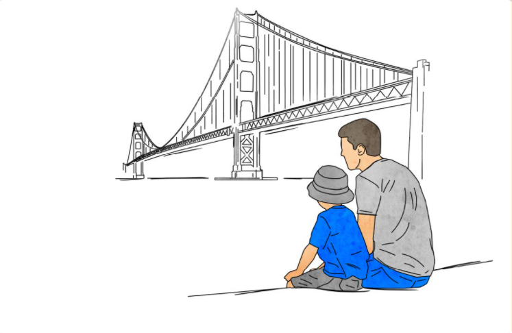 Father and son sitting in front of the Golden Gate Bridge