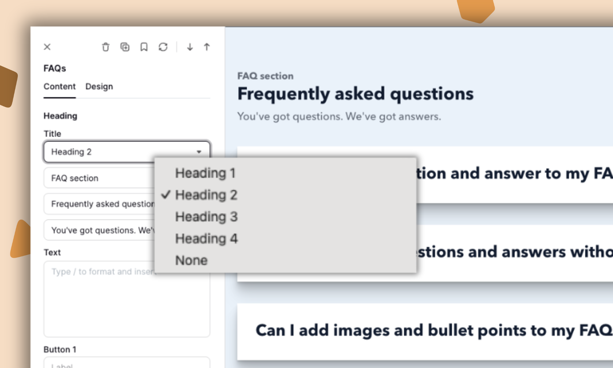 Set heading designations in Content tab