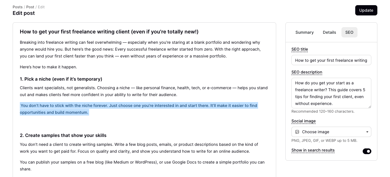Type blog post directly into text editor