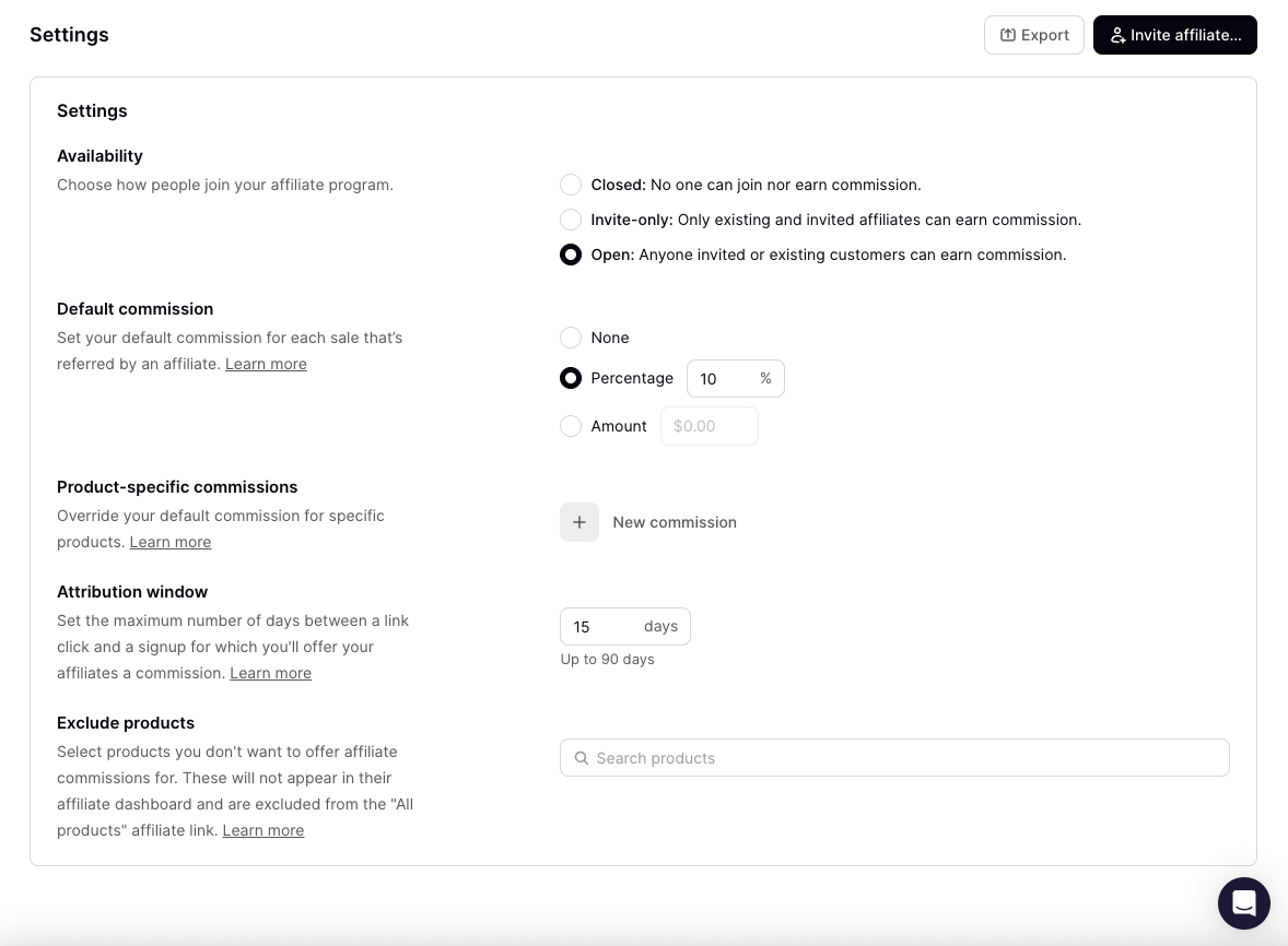 Set up affiliate program in Settings