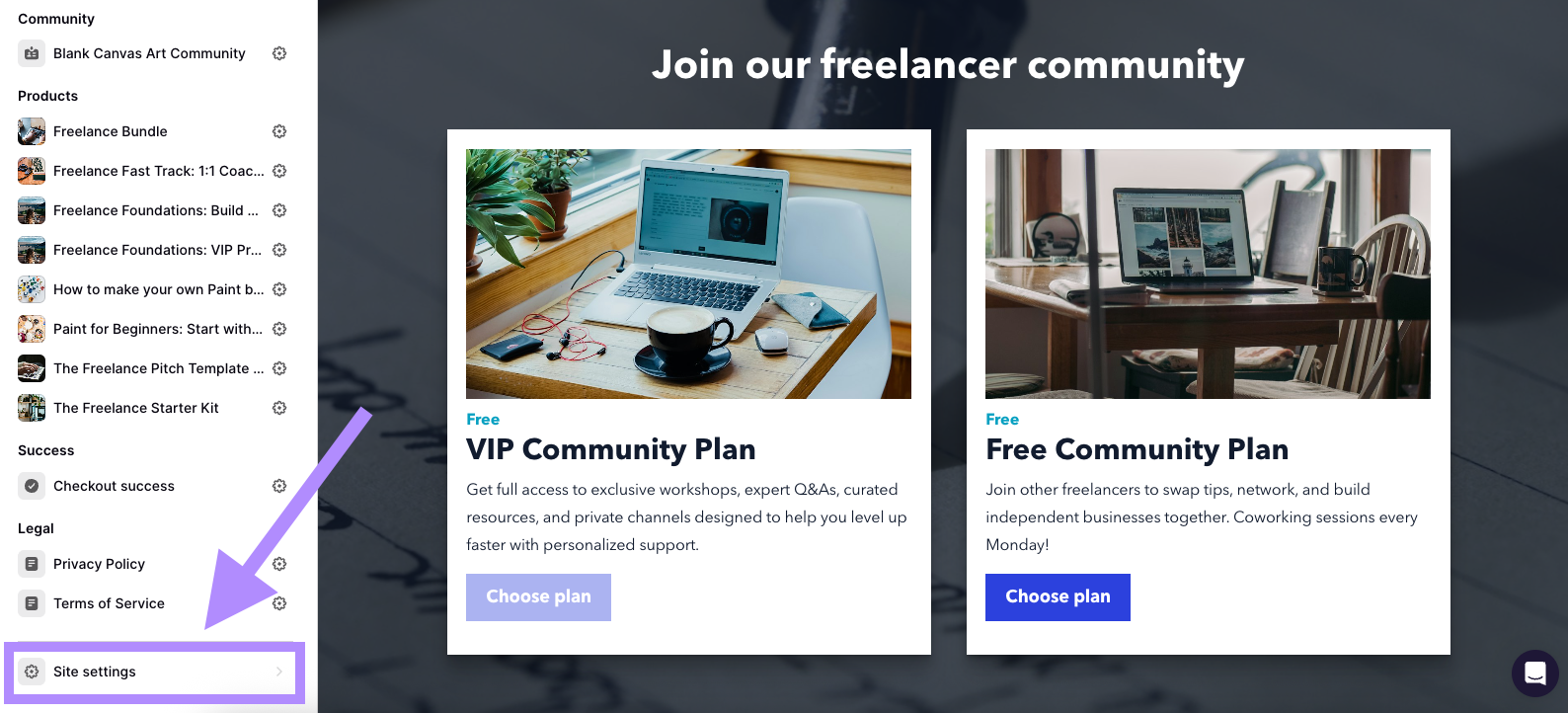 Podia website editor Site settings gear