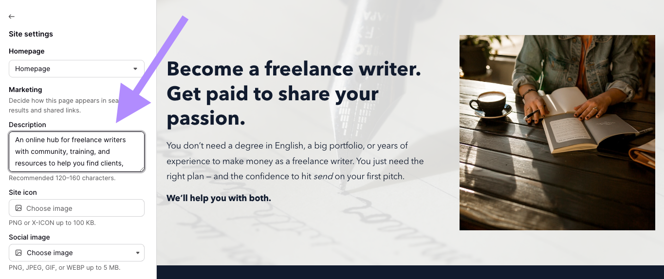 Add a site description in site settings