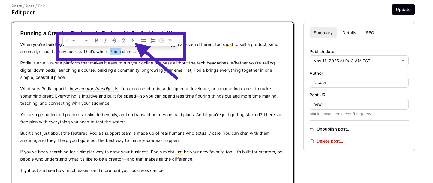 Podia example adding affiliate link to posts