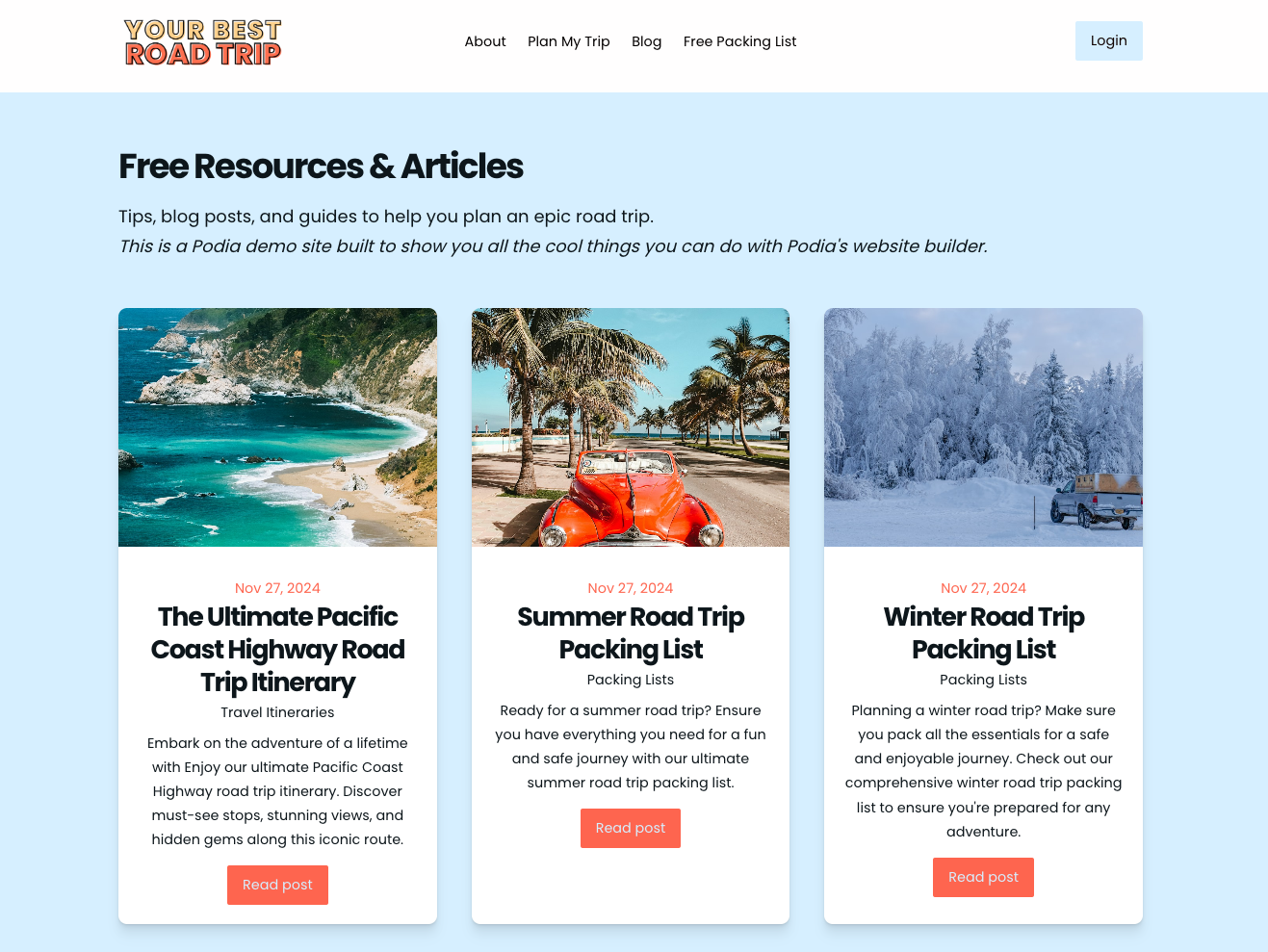 Podia example of website with blog posts