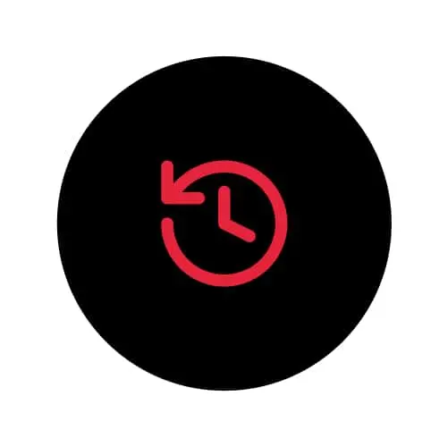 Red clock icon with counterclockwise arrow on black circular background