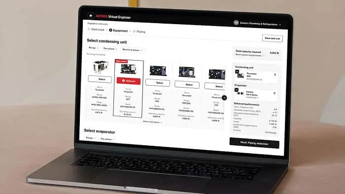 Laptop displaying ACTROL Visual Engineer interface showing condensing unit selection with product images and specifications