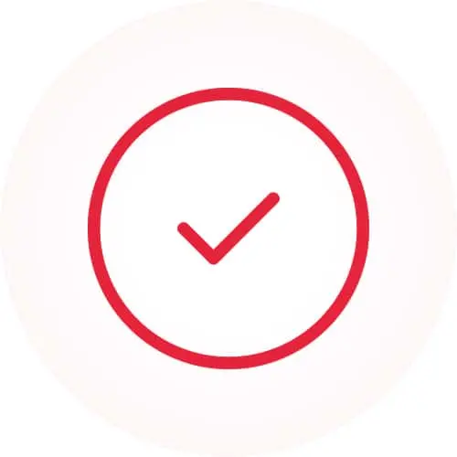 Red checkmark icon inside a red circle on a light pink background