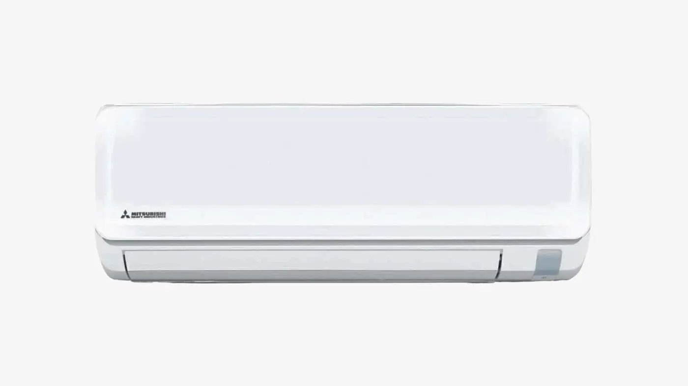 White Mitsubishi Heavy Industries wall-mounted air conditioning unit on a light gray background.