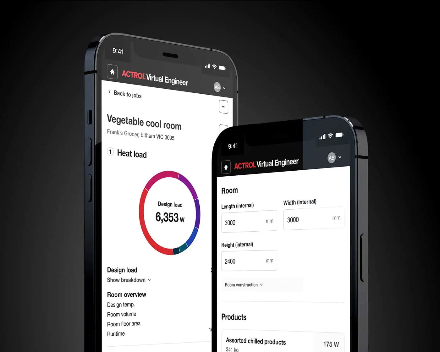 Two smartphones displaying ACTROL Virtual Engineer app screens showing heat load calculations and room dimensions.