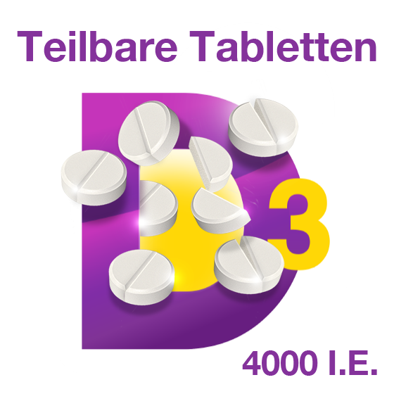 Grafik mit teilbaren weißen Tabletten auf einem großen lila D; Text: Teilbare Tabletten, D3, 4000 I.E.