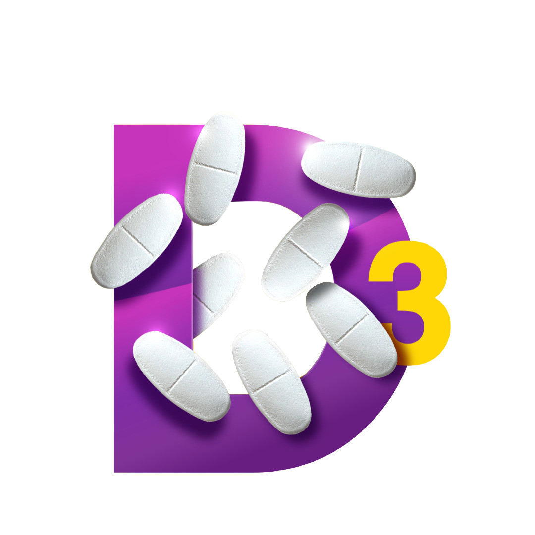Lila Buchstabe D mit weißen Tabletten und gelber Zahl 3.