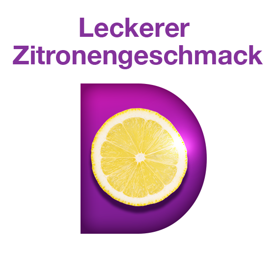 Grafik einer Zitronenscheibe auf einem großen lila D; Text: Leckerer Zitronengeschmack.