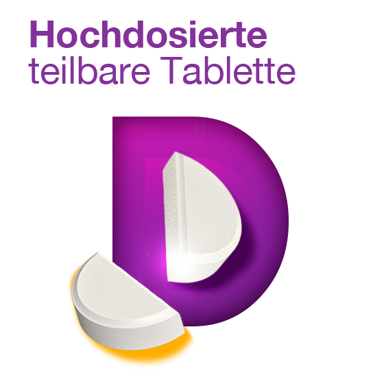 Grafik einer teilbaren weißen Tablette vor einem großen lila D; Text: Hochdosierte teilbare Tablette.