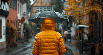 Person in einer gelben Kapuzenjacke mit schwarzem Regenschirm auf einer regennassen Straße in einer historischen Fachwerkstadt im Herbst. 