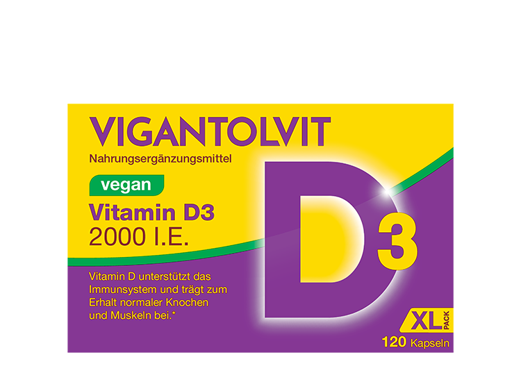 VIGANTOLVIT 2000 IE VEGAN Vitamin D3 Weichkapseln – Produktpackung und vegane Weichkapseln