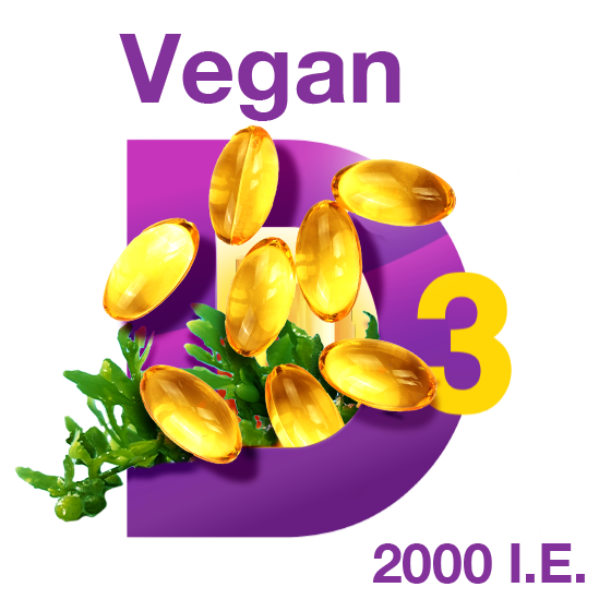 Grafik mit goldenen Kapseln und grüner Pflanze auf einem großen lila D; Text: Vegan, D3, 2000 I.E.