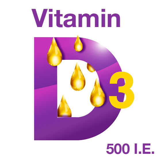 Grafik mit goldenen Tropfen auf einem großen lila D; Text: Vitamin D3, 500 I.E.