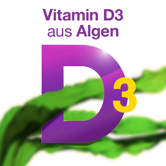 Grafik mit großem lila D und grünen Algen im Hintergrund; Text: Vitamin D3 aus Algen.