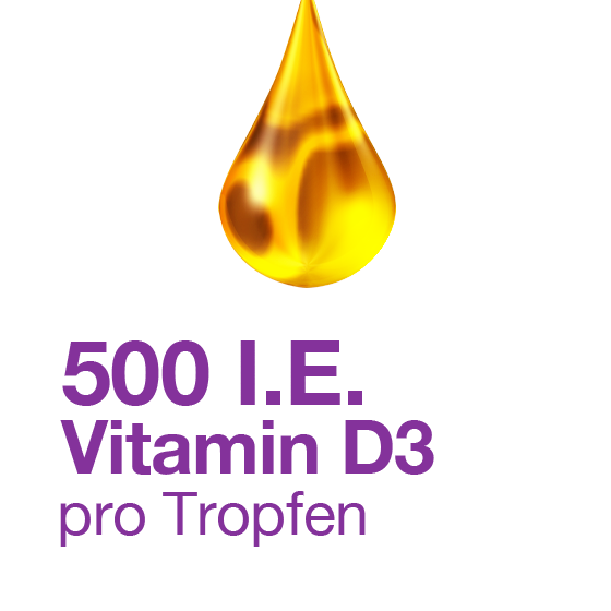 Goldener Tropfen; Text: 500 I.E. Vitamin D3 pro Tropfen.