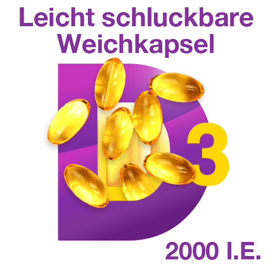 Grafik mit goldenen Weichkapseln auf großem lila D; Text: Leicht schluckbare Weichkapsel, D3, 2000 I.E.