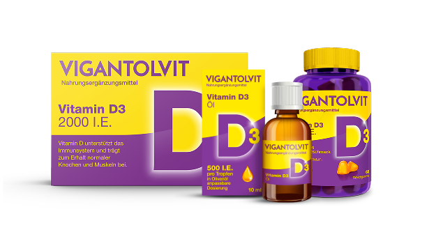 Produktfamilie von VIGANTOLVIT mit Vitamin D3 als Tabletten, Öl und Gummivitaminen.
