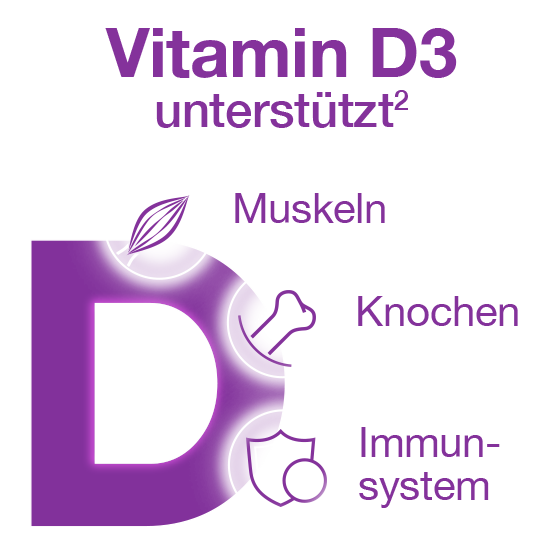 Grafik eines großen lila D mit Symbolen für Muskeln, Knochen und Immunsystem; Text: Vitamin D3 unterstützt Muskeln, Knochen und Immunsystem.