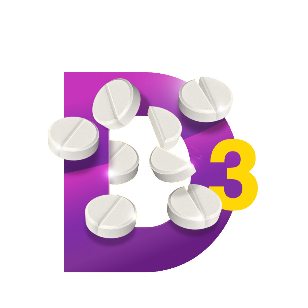 Lila Buchstabe D mit weißen Tabletten und gelber Zahl 3.