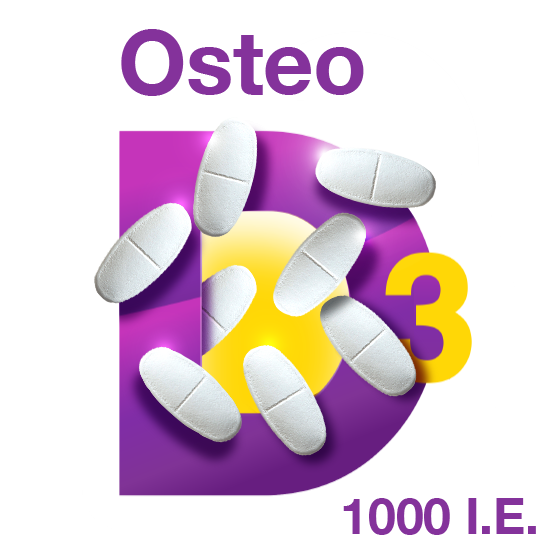 Grafik mit mehreren weißen Tabletten auf einem großen lila D; Text: Osteo, D3, 1000 I.E.