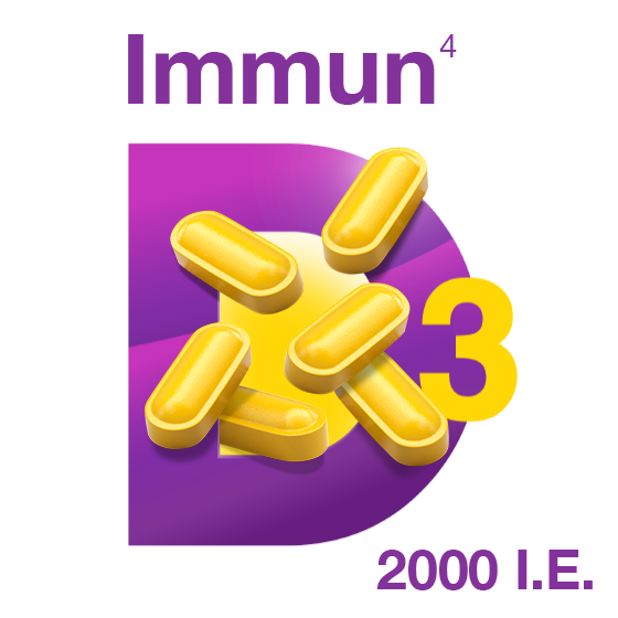 Grafik mit mehreren goldenen Tabletten auf einem großen lila D; Text: Immun hoch 4, D3, 2000 I.E.