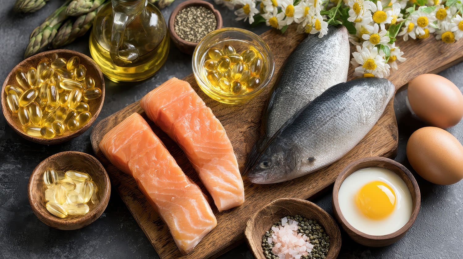 Vitamin-D-reiche Lebensmittel wie Lachs, Eier und Lebertran.