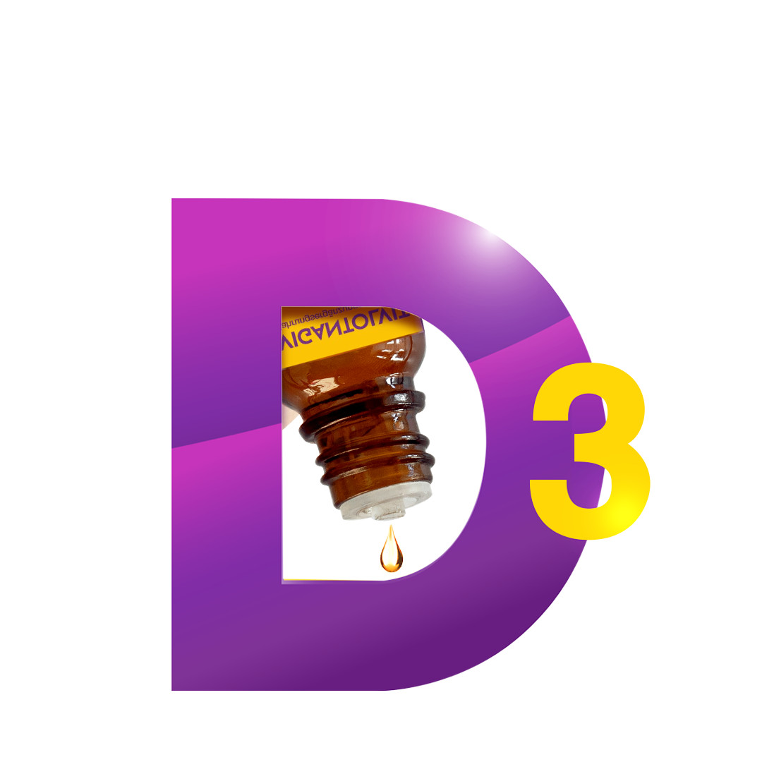Stilisiertes D3-Symbol mit VIGANTOL Fläschchen und Tropfen.