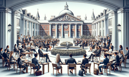 DALL·E 2023-12-14 21.00.13 - An elegant, professional wide image representing the Harvard Business School experience, showcasing elements like the iconic HBS campus, diverse and e.png