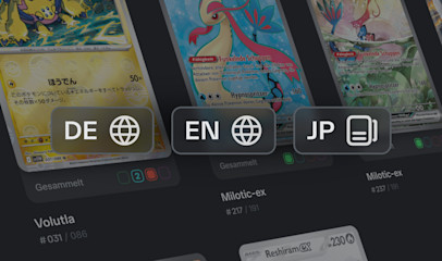 Display of various Pokémon cards in different languages, above which are three labels with the letters “DE,” “EN,” and “JP.”