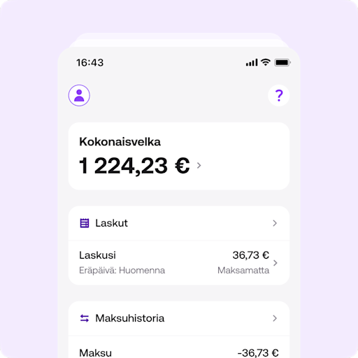 Yhteenveto -sivustolla Rocker Suomi -sovelluksessa näet kokonaisvelkasaldosi, tulevat laskusi sekä tilitapahtumasi.