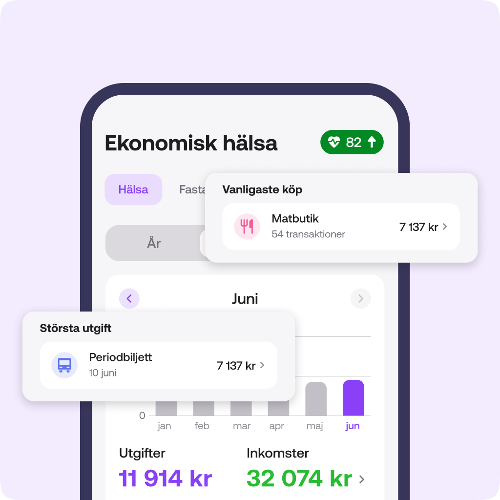 Sidan Ekonomisk Hälsa i Rockerappen. Sidan visar utgifter och inkomster för månaden, samt vanligaste köp och den största utgiften.