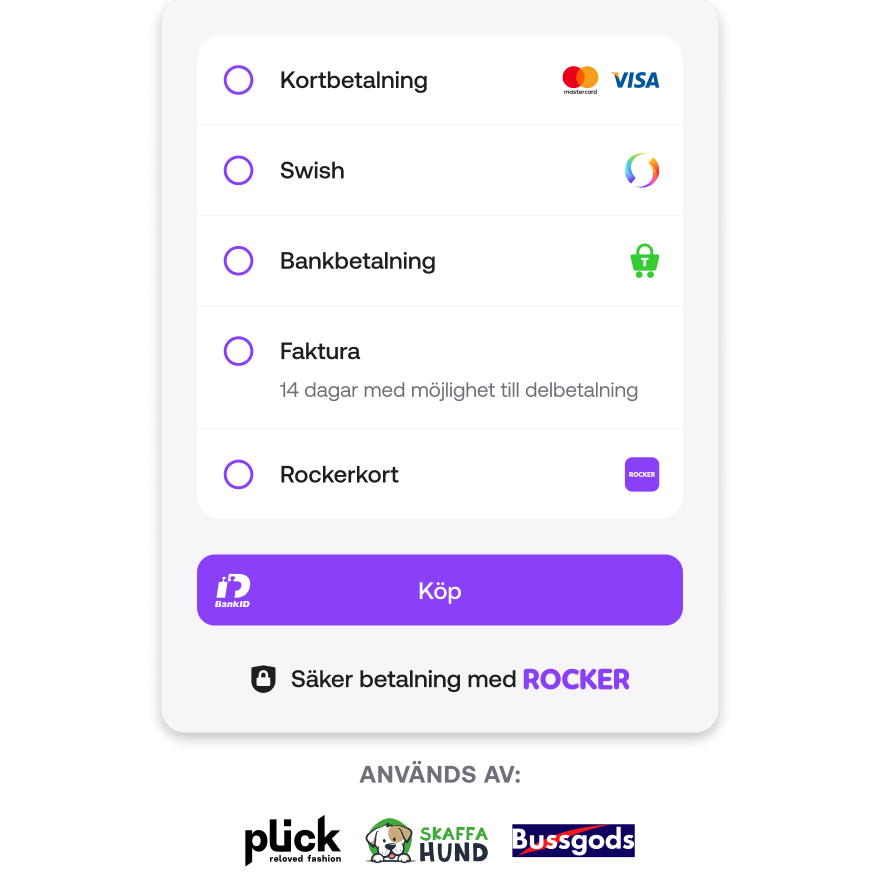 Tillgängliga betalmetoder för Rocker Pay. Kortbetalning, Swish, Bankbetalning, Faktura, Rockerkort.