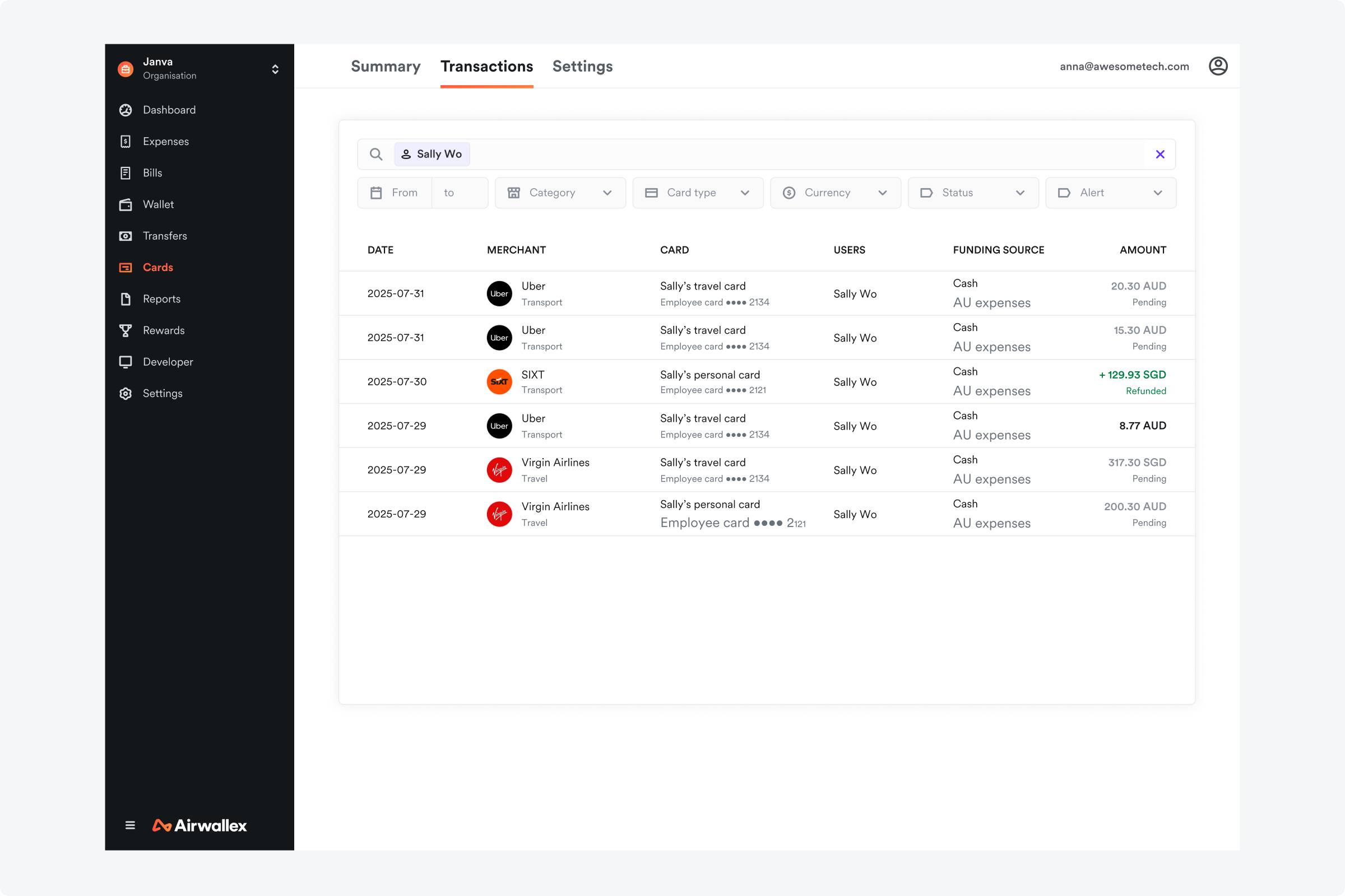 Card transaction search