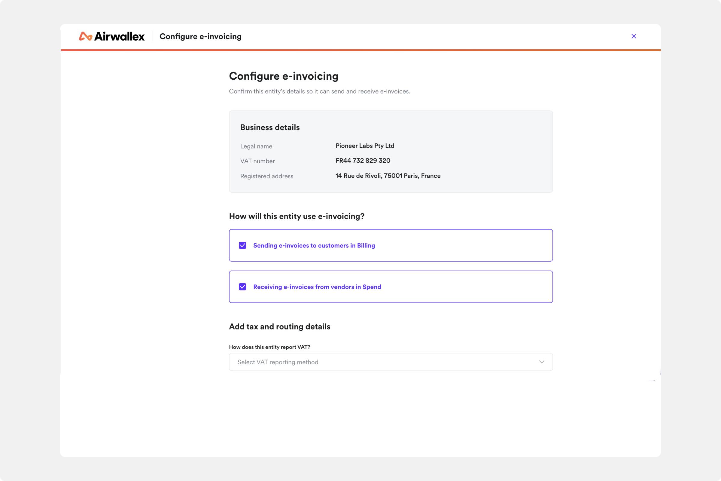 E-invoicing configuration page for eligible businesses in France