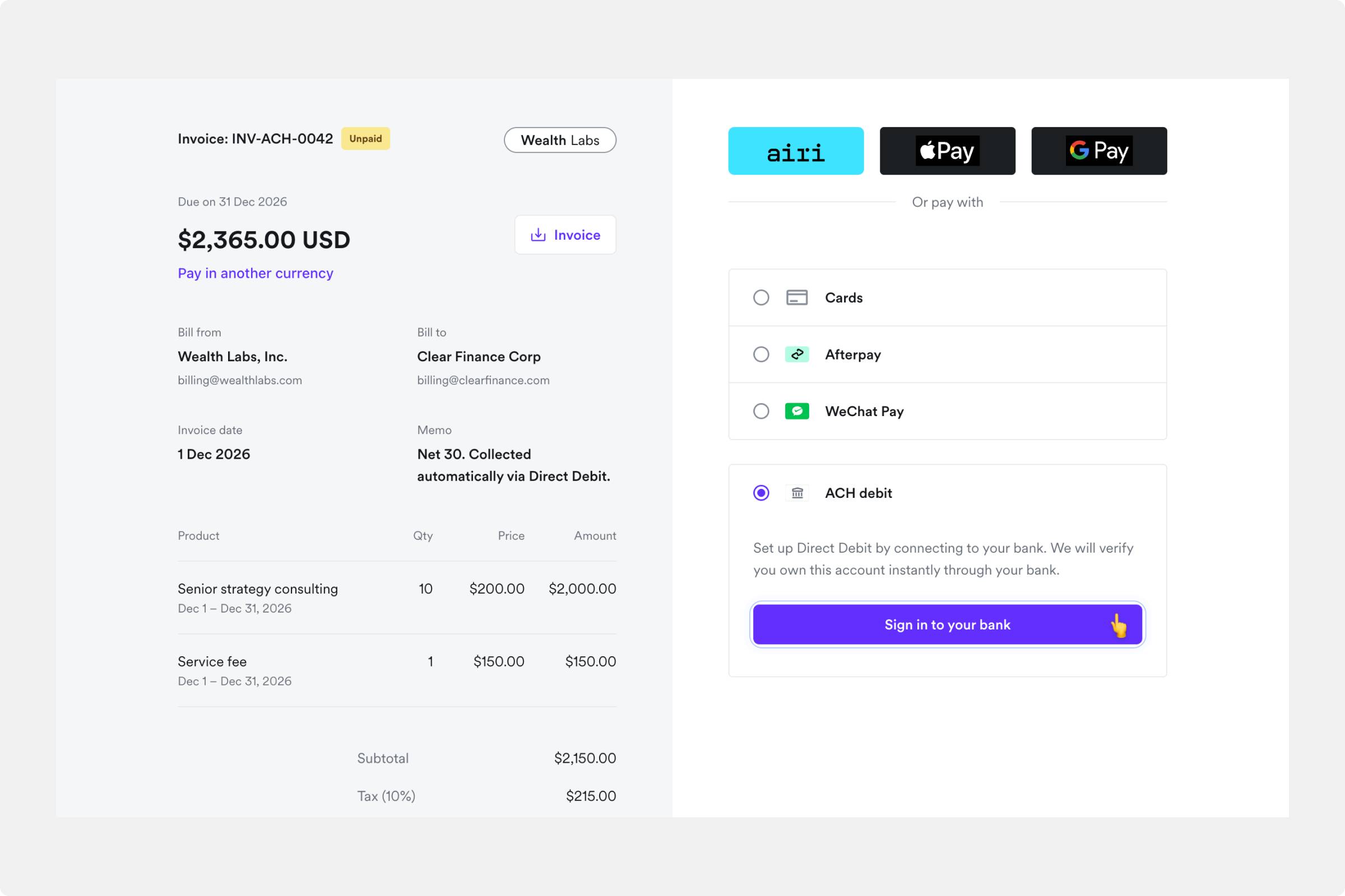 Direct Debit option available in Airwallex Billing