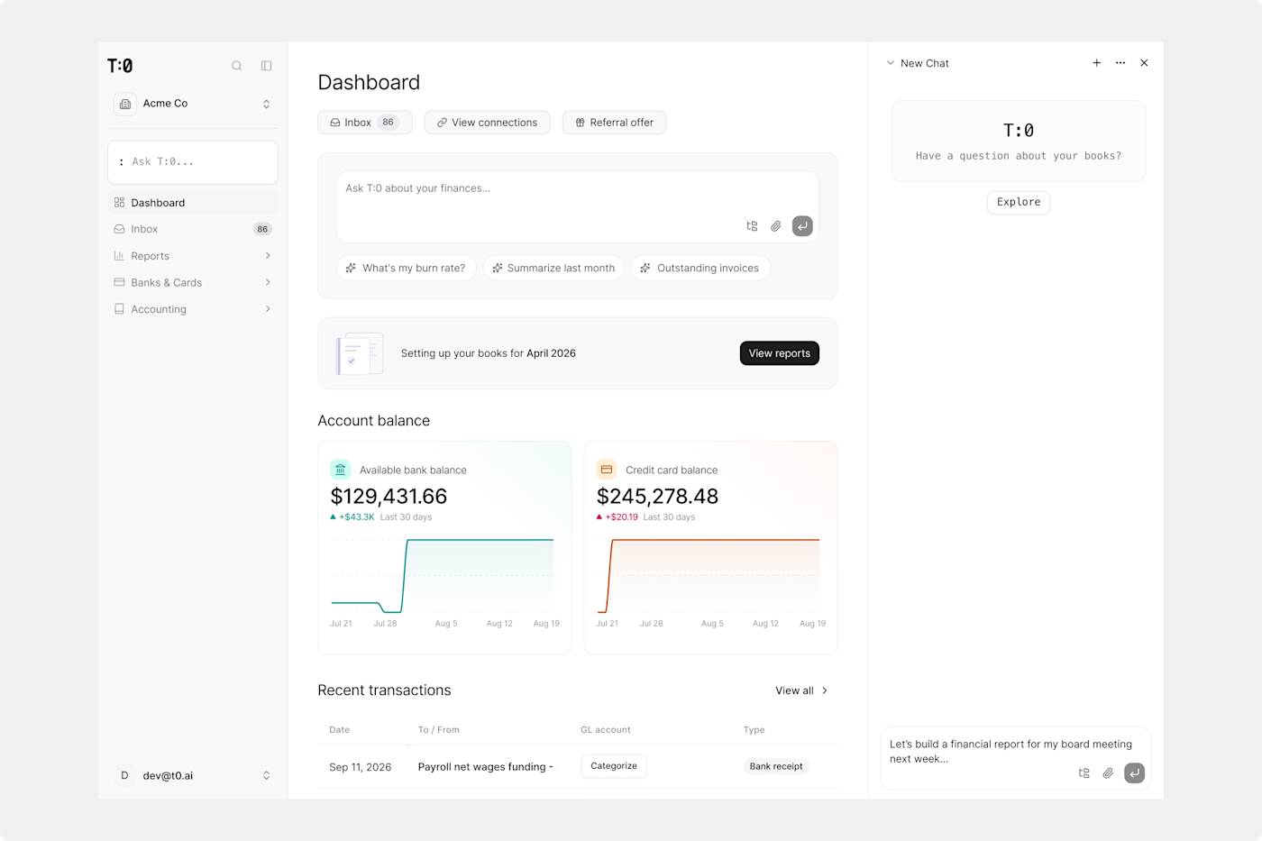 T:0 landing page dashboard view
