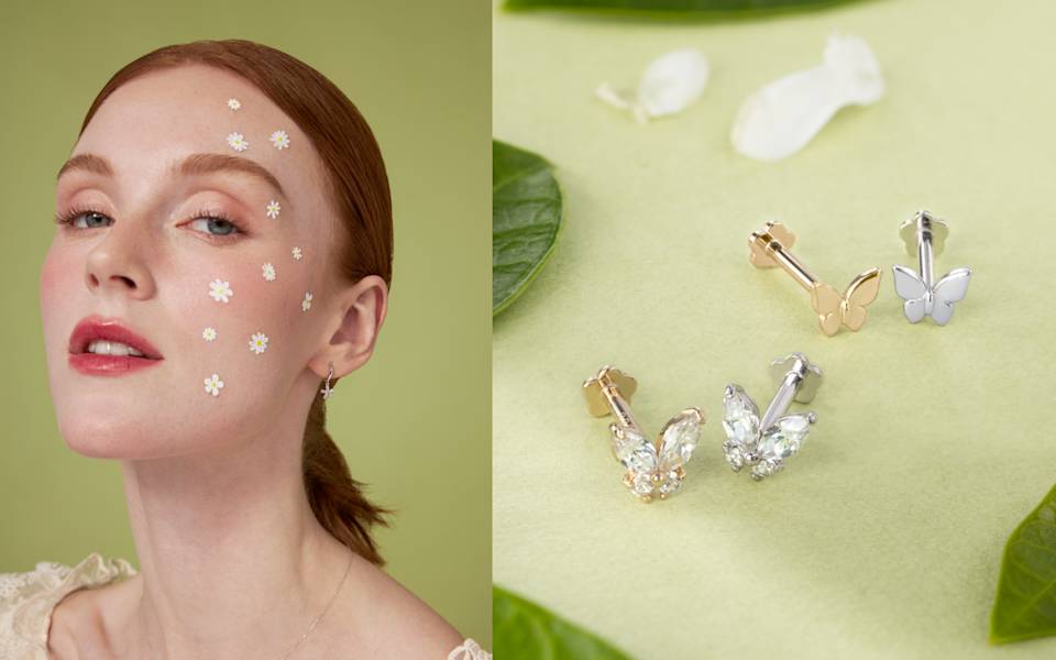 Split sceen collage of Caucasian model wearing jewellery and ear studs