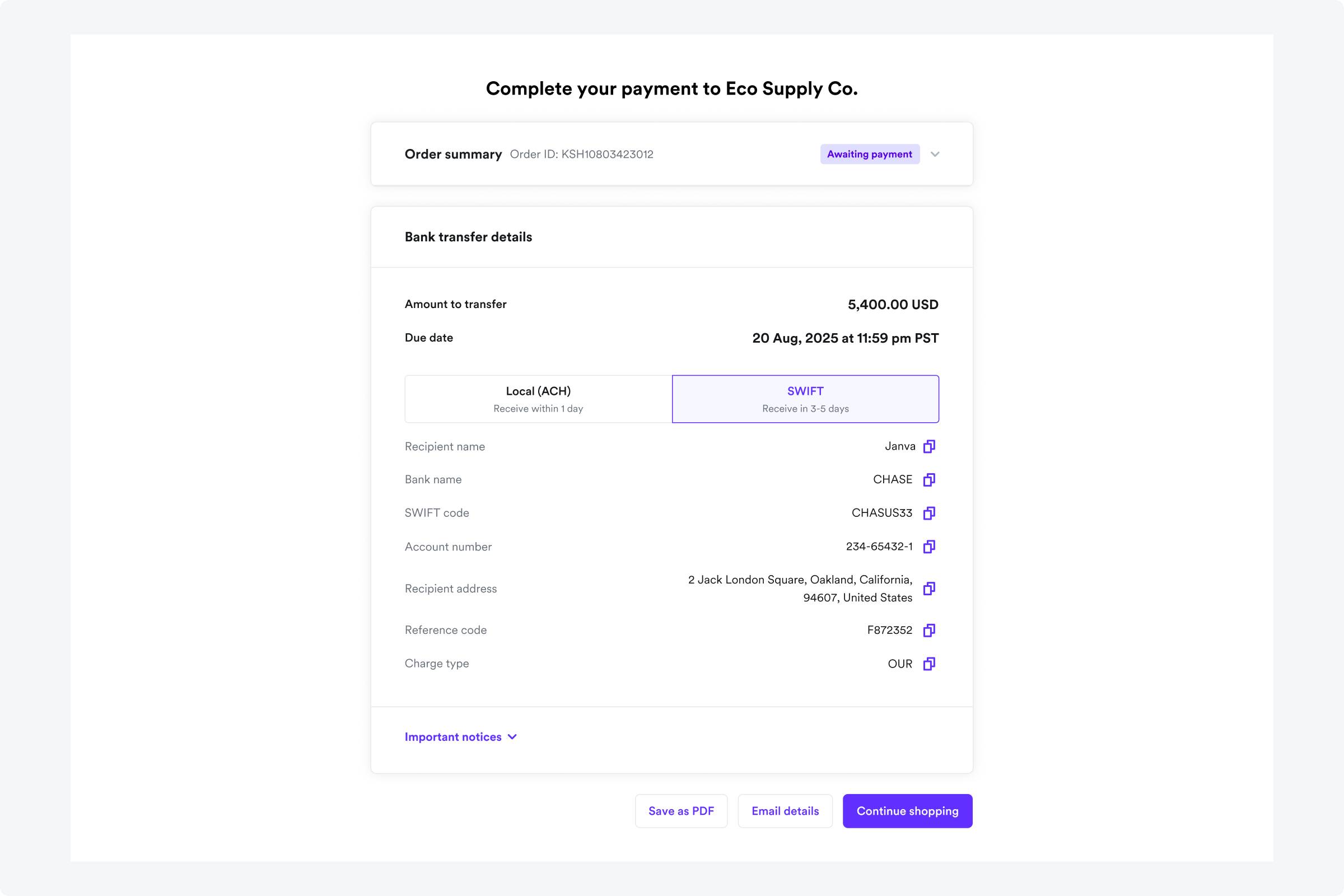 SWIFT bank transfers in WebApp