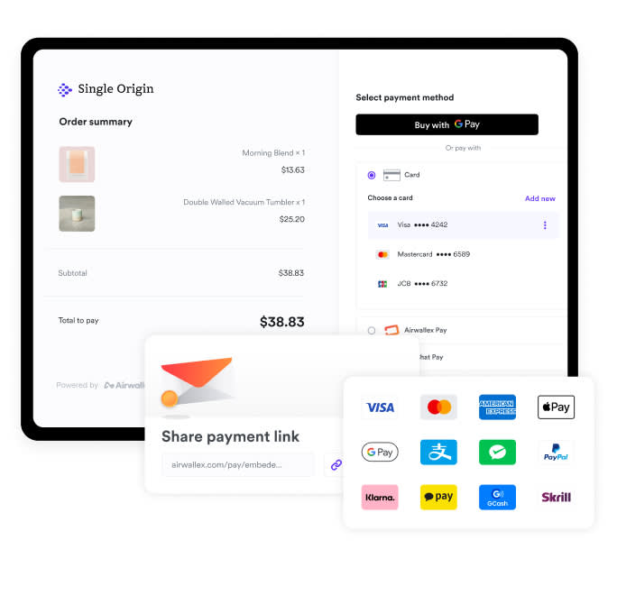 UI of Airwallex payment gateways, including Checkout, Payment Links, and local payment methods.