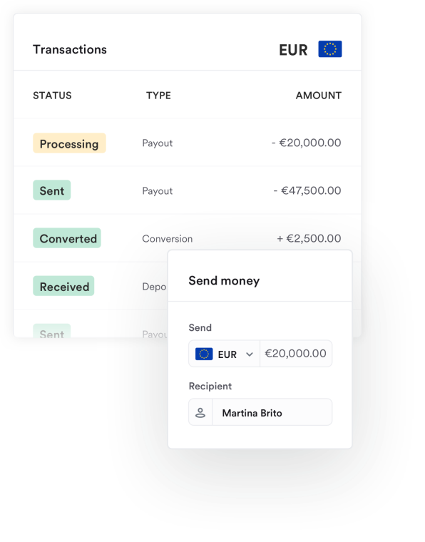 Airwallex app showing Euro current account transactions