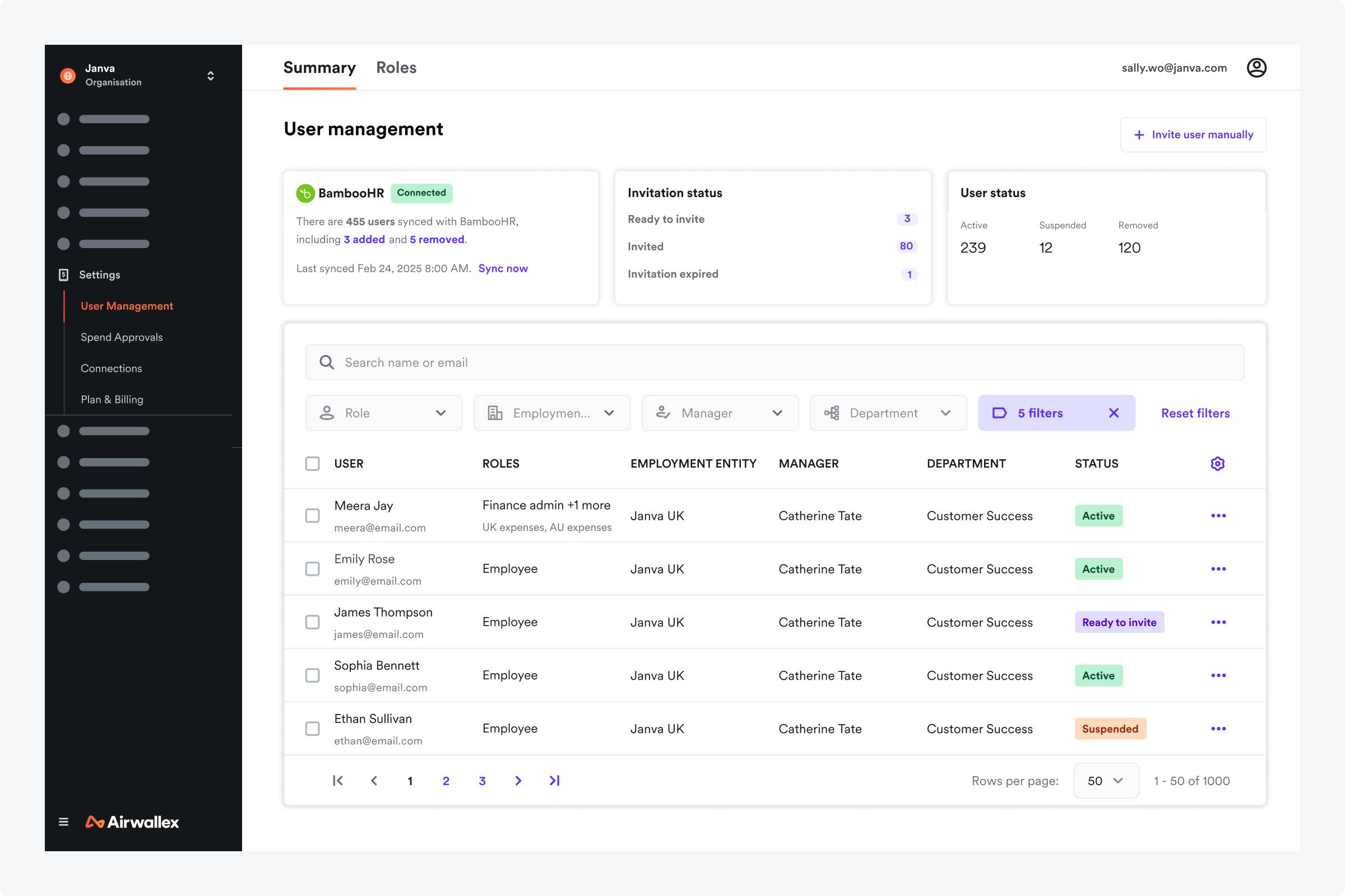 HRIS integration dashboard