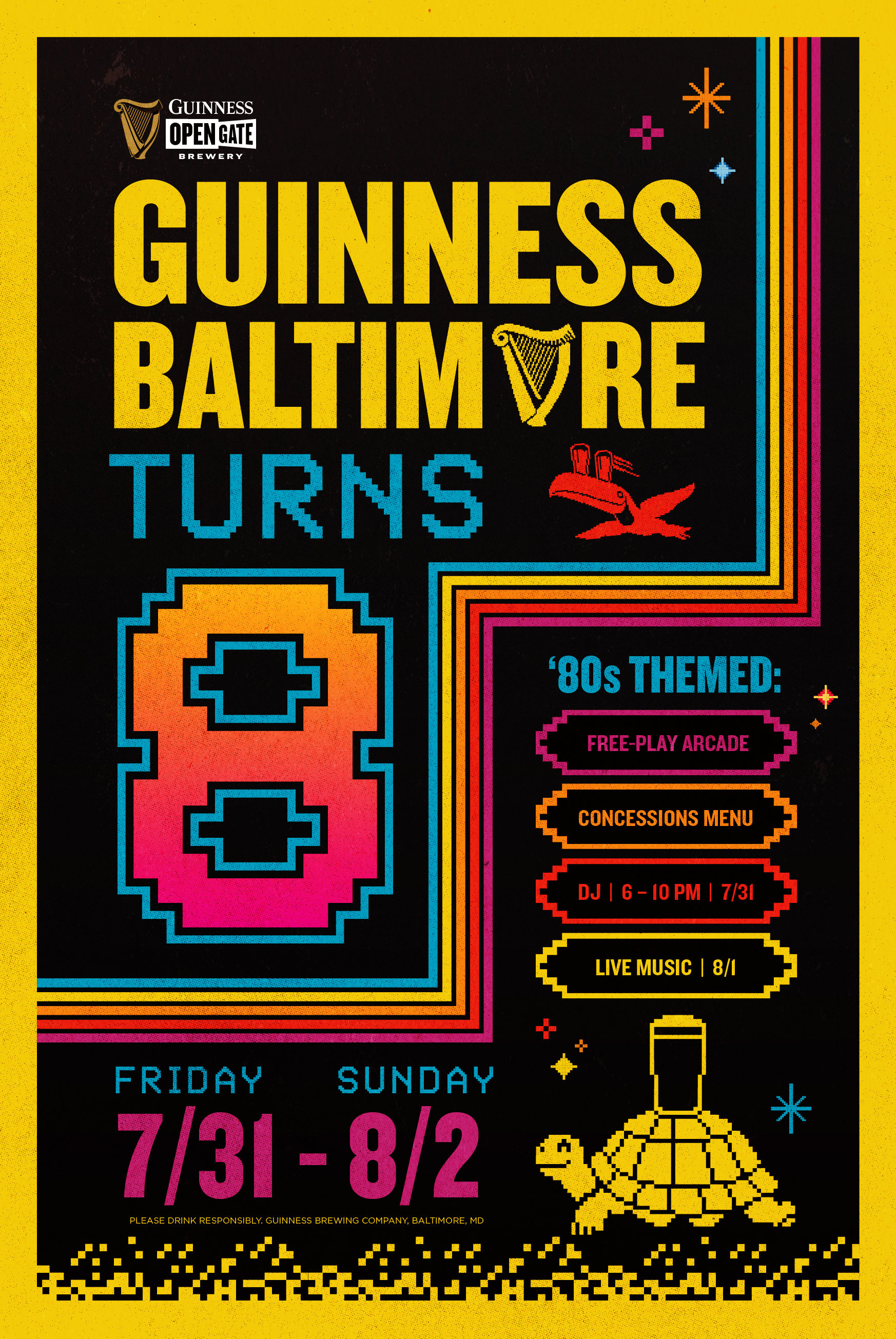 Guinness Baltimore Turns 8. Celebrate with 80's theme and live music 7/31 - 8/2.