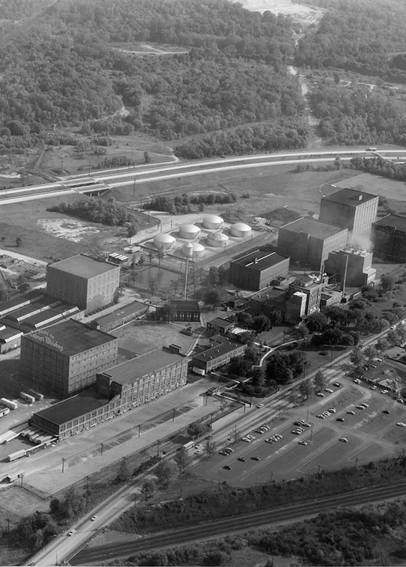 Aerial black and white photo of Calvert Distillery in Relay, Maryland, now the Guinness Open Gate Brewery site.